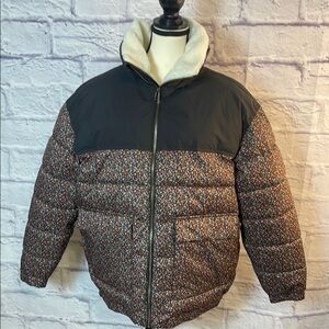 NWOT Universal Thread Brown Pink Floral Puffer Jacket Fuzzy Collar ZipUp Size M